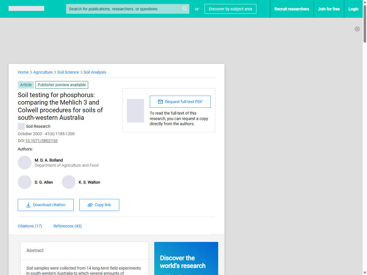 Preview of Soil testing for phosphorus: comparing the Mehlich 3 and Colwell procedures for soils of south-western Australia | Request PDF - ResearchGate, accessed July 17, 2025, 