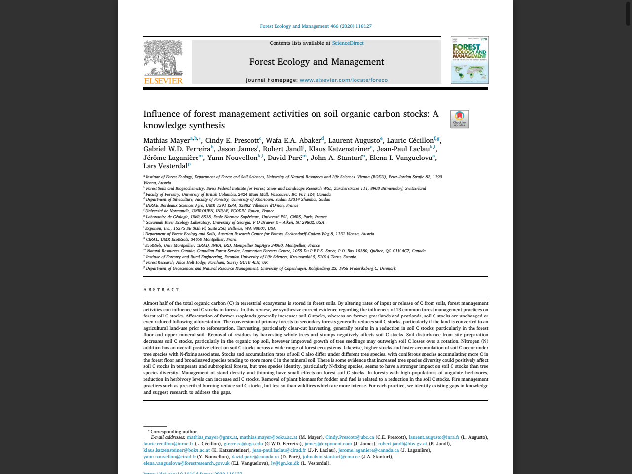 Preview of Influence of forest management activities on soil organic carbon stocks_ A knowledge synthesis - Agritrop