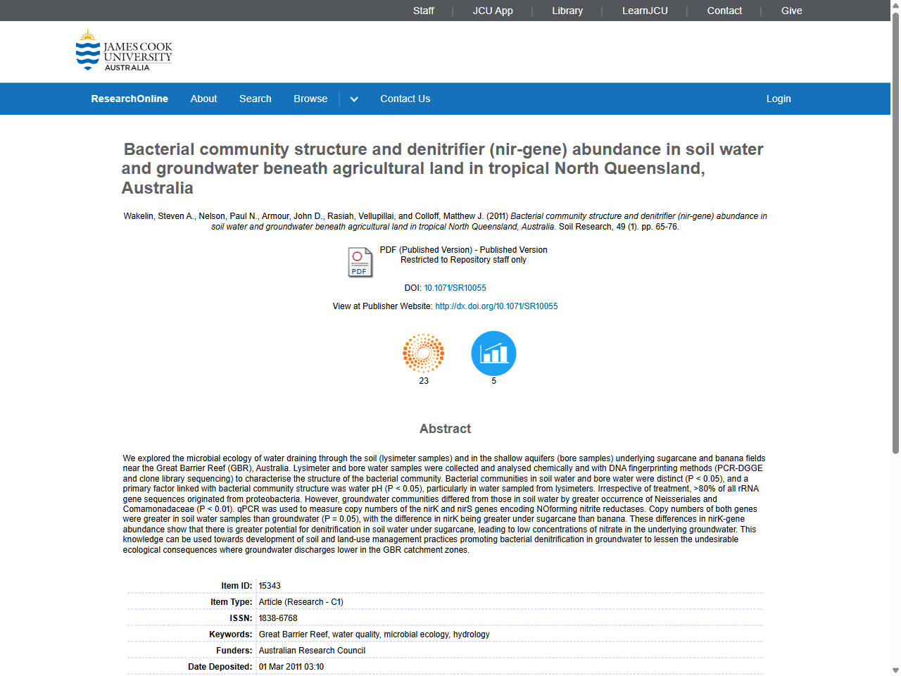 Preview of Bacterial community structure and denitrifier (nir-gene) abundance in soil water and groundwater beneath agricultural land in tropical North Queensland, Australia - ResearchOnline@JCU, accessed July 28, 2025