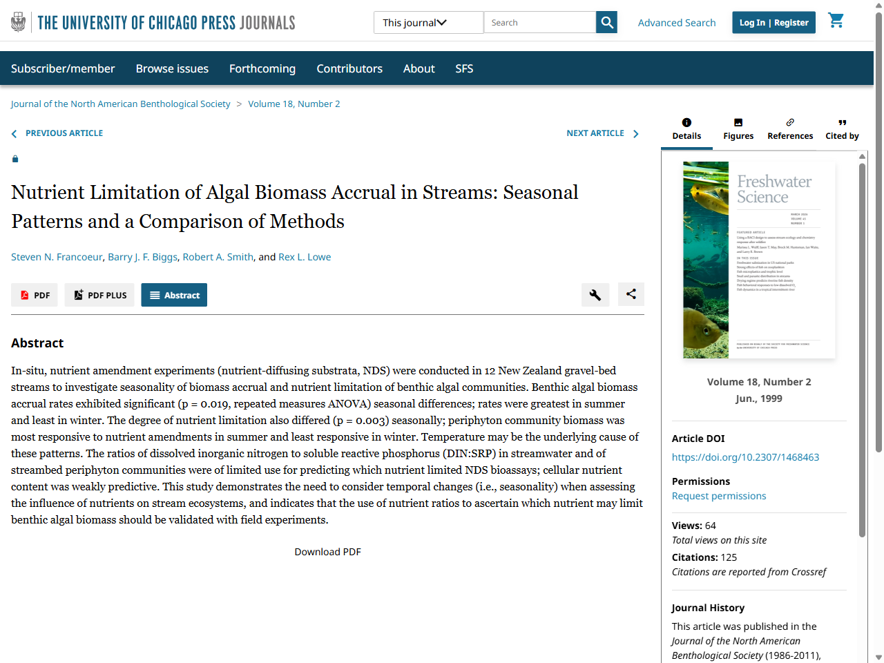 Preview of Nutrient Limitation of Algal Biomass Accrual in Streams: Seasonal Patterns and a Comparison of Methods - The University of Chicago Press: Journals, accessed August 17, 2025, 
