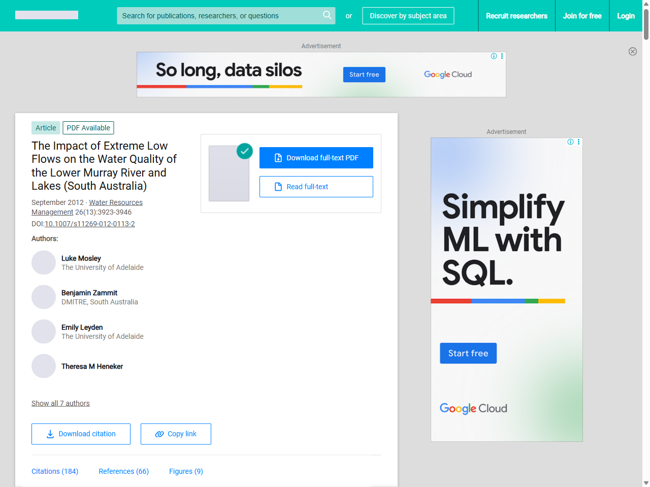 Preview of (PDF) The Impact of Extreme Low Flows on the Water Quality of the Lower Murray River and Lakes (South Australia) - ResearchGate, accessed May 10, 2025, 