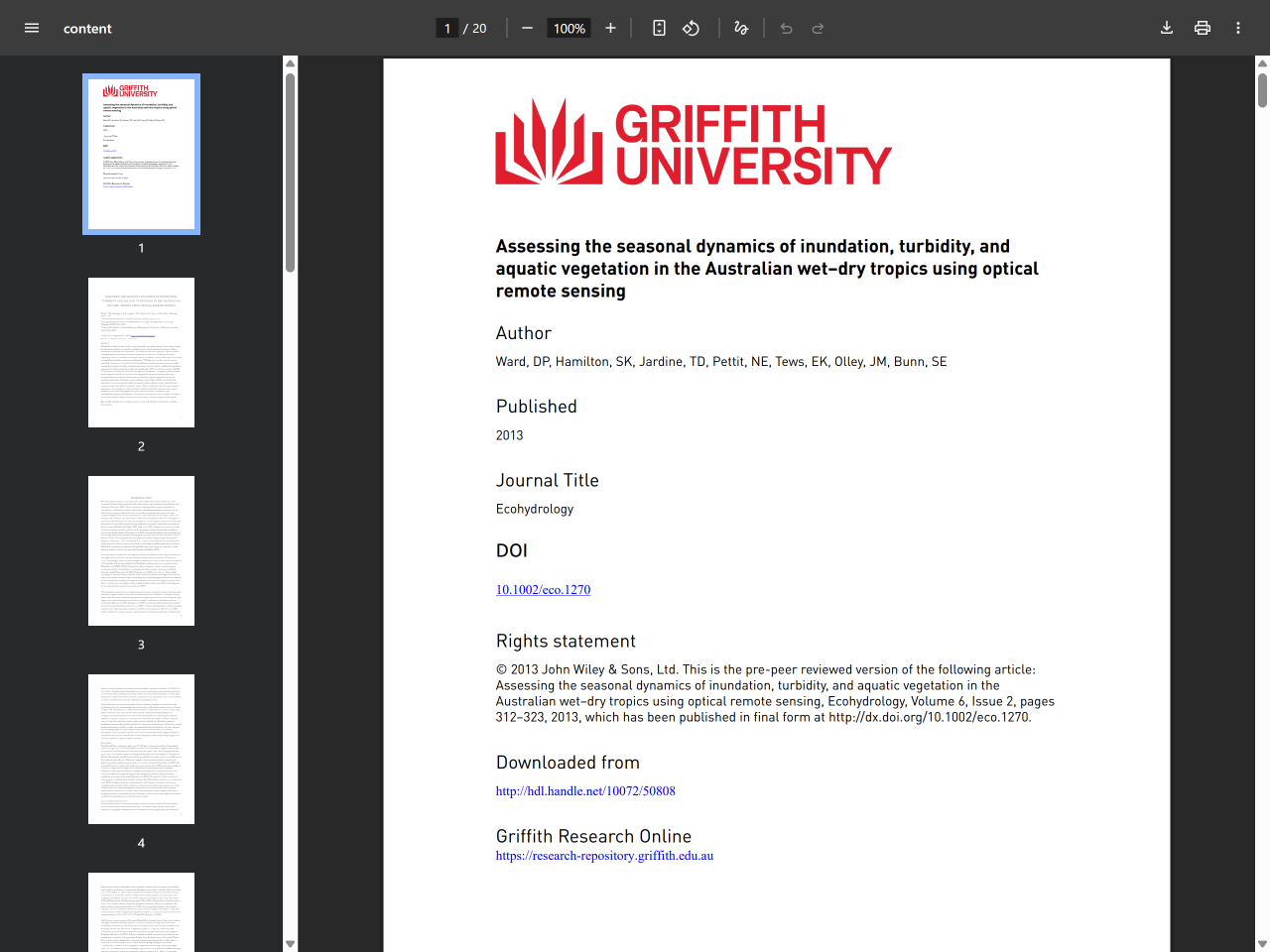 Preview of Assessing the seasonal dynamics of inundation, turbidity, and aquatic vegetation in the Australian wet–dry tropics using optic - Griffith Research Online, accessed May 11, 2025,